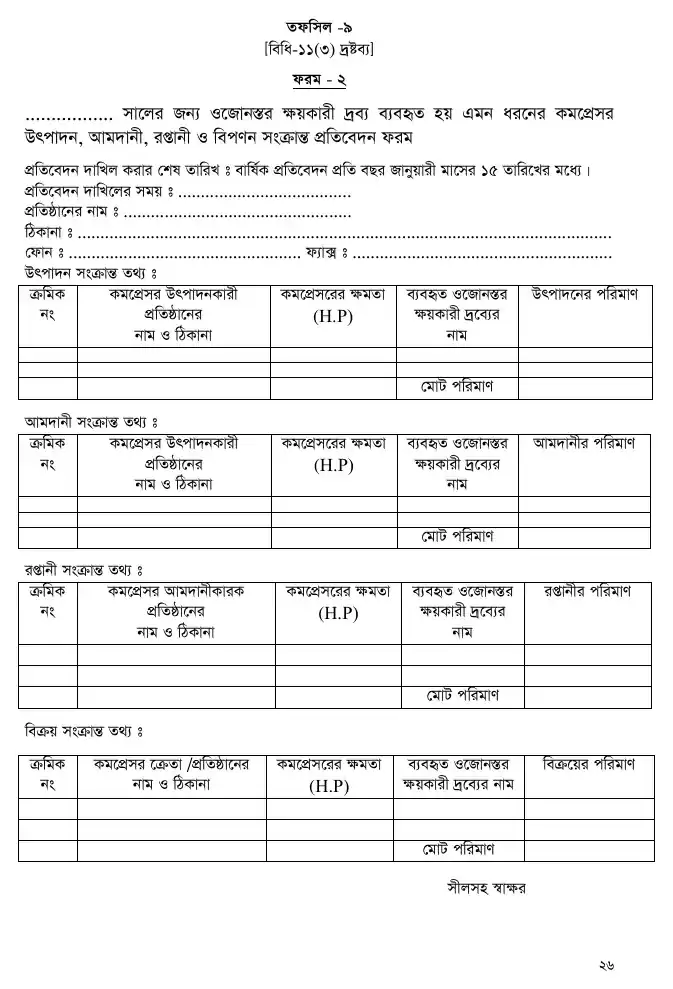 ওজোনস্তর ক্ষয়কারী দ্রব্য (নিয়ন্ত্রণ) বিধিমালা, ২০০৪ তফসিল — পৃষ্ঠা ২৬